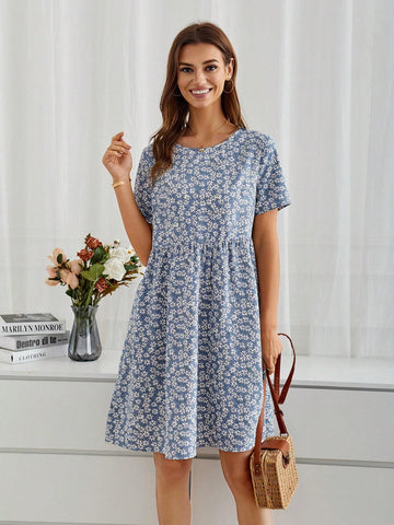 EMERY ROSE Women's Short-Sleeved Doll Dress With Floral Print