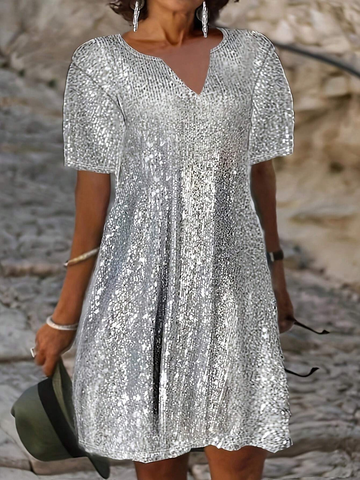 EMERY ROSE Women's Short-Sleeved Sequin Decoration Simple Daily Dress