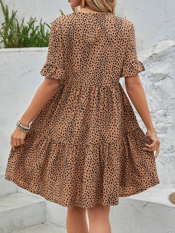 Women's Short Sleeve Button Up Leopard Print Skirt Dress With Ruffle Trim, Made Of Ultra-Fine Material Summer , Casual