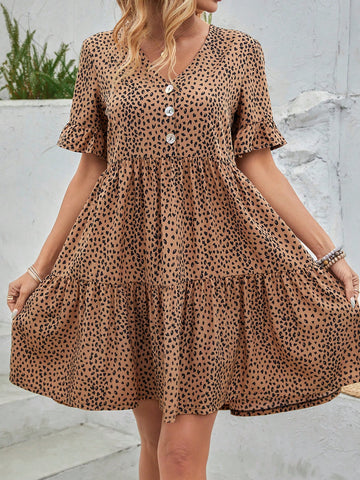 Women's Short Sleeve Button Up Leopard Print Skirt Dress With Ruffle Trim, Made Of Ultra-Fine Material Summer , Casual