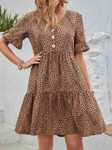 Women's Short Sleeve Button Up Leopard Print Skirt Dress With Ruffle Trim, Made Of Ultra-Fine Material Summer , Casual
