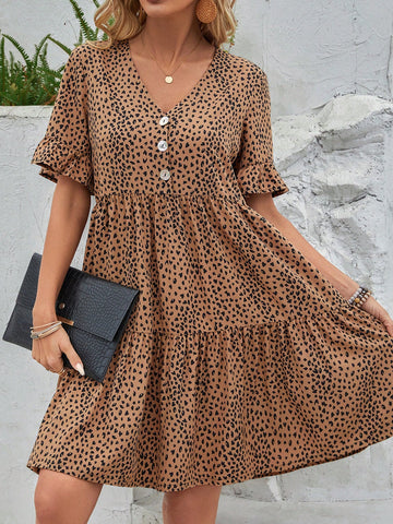 Women's Short Sleeve Button Up Leopard Print Skirt Dress With Ruffle Trim, Made Of Ultra-Fine Material Summer , Casual