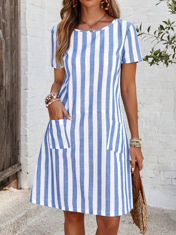 EMERY ROSE Women's Short Sleeve Casual Blue And White Striped Dress With Pockets
