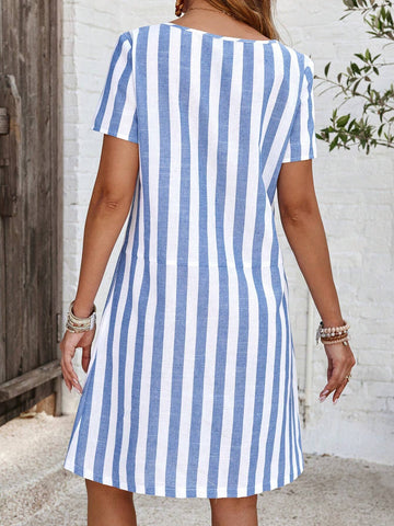 EMERY ROSE Women's Short Sleeve Casual Blue And White Striped Dress With Pockets