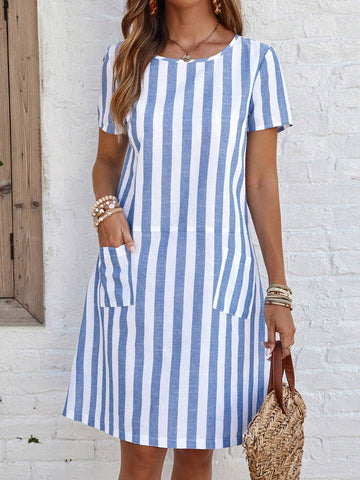 EMERY ROSE Women's Short Sleeve Casual Blue And White Striped Dress With Pockets
