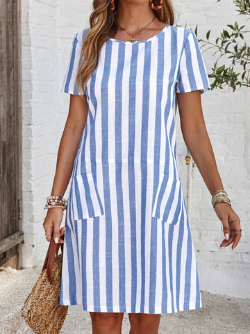 EMERY ROSE Women's Short Sleeve Casual Blue And White Striped Dress With Pockets