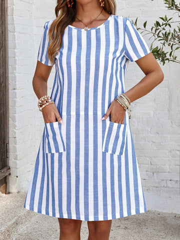 EMERY ROSE Women's Short Sleeve Casual Blue And White Striped Dress With Pockets