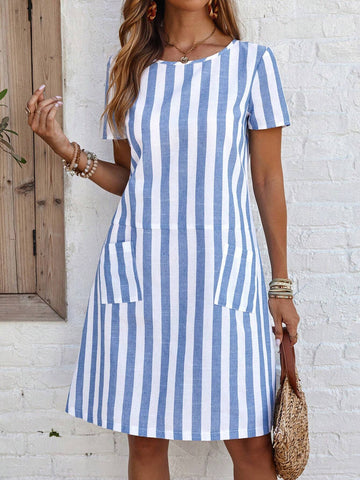 EMERY ROSE Women's Short Sleeve Casual Blue And White Striped Dress With Pockets
