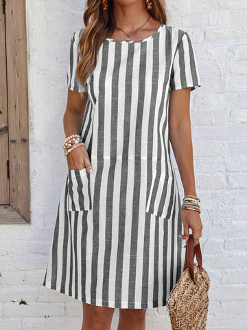 EMERY ROSE Women's Short Sleeve Casual Blue And White Striped Pocket Dress