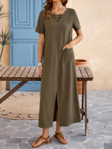 EMERY ROSE Women's Short Sleeve Midi Dress With Pocket, Round Neck, High Low Hem, For Spring And Summer