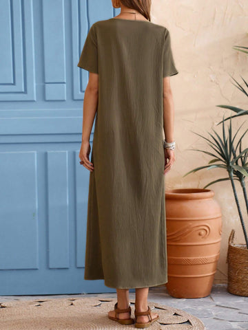 EMERY ROSE Women's Short Sleeve Midi Dress With Pocket, Round Neck, High Low Hem, For Spring And Summer