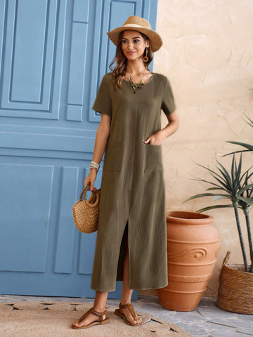 EMERY ROSE Women's Short Sleeve Midi Dress With Pocket, Round Neck, High Low Hem, For Spring And Summer