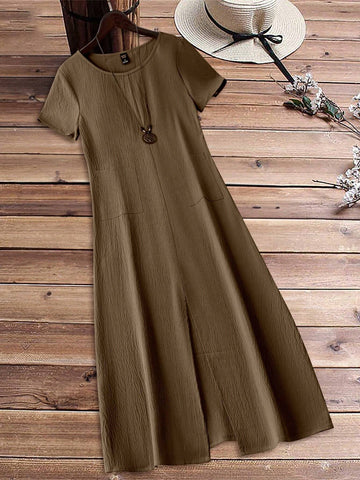 EMERY ROSE Women's Short Sleeve Midi Dress With Pocket, Round Neck, High Low Hem, For Spring And Summer