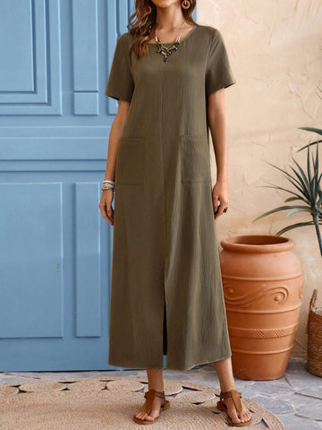 EMERY ROSE Women's Short Sleeve Midi Dress With Pocket, Round Neck, High Low Hem, For Spring And Summer
