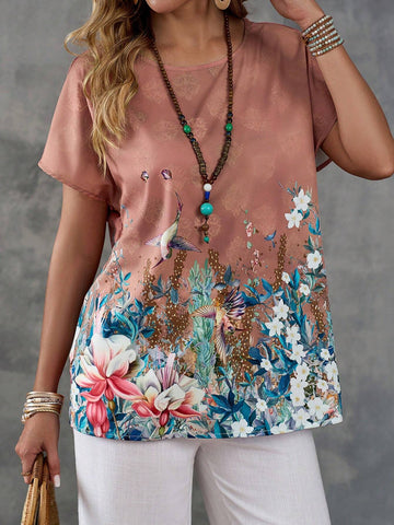 EMERY ROSE Women's Short Sleeve Round Neck T-Shirt With Bird, Plants And Flowers Print