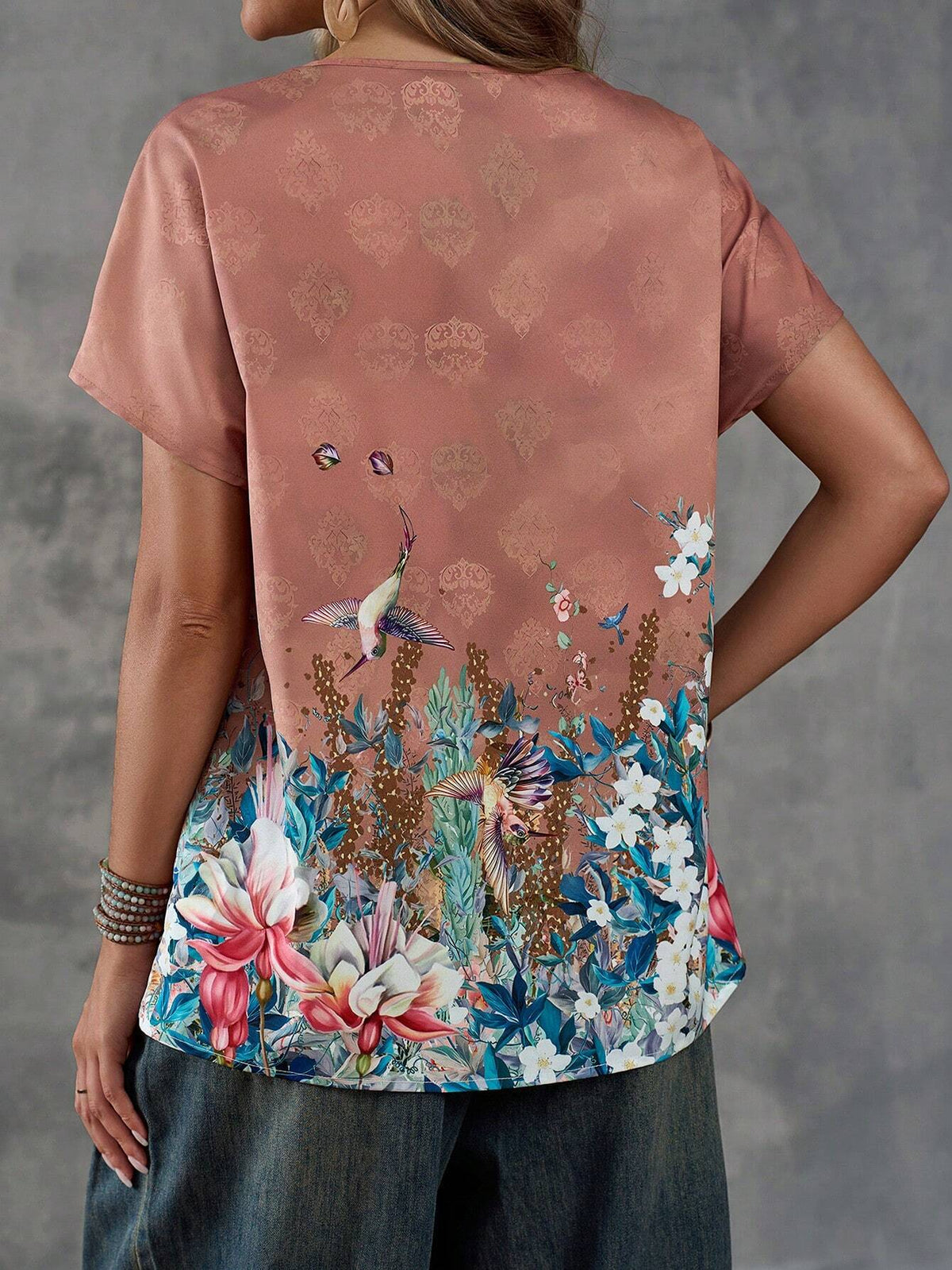 EMERY ROSE Women's Short Sleeve Round Neck T-Shirt With Bird, Plants And Flowers Print