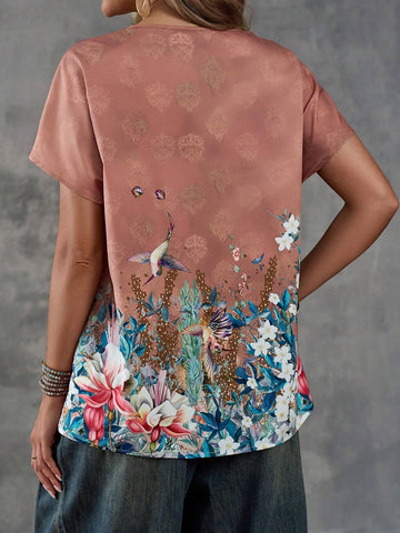 EMERY ROSE Women's Short Sleeve Round Neck T-Shirt With Bird, Plants And Flowers Print