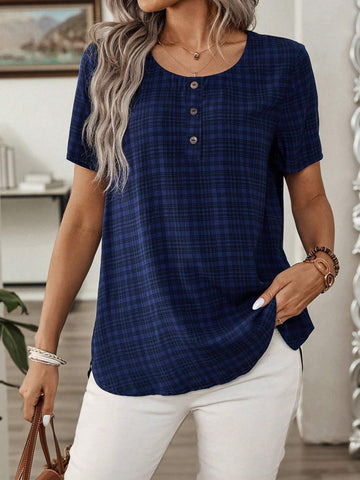 EMERY ROSE Women's Short Sleeve Shirt With Round Neckline And Button Details