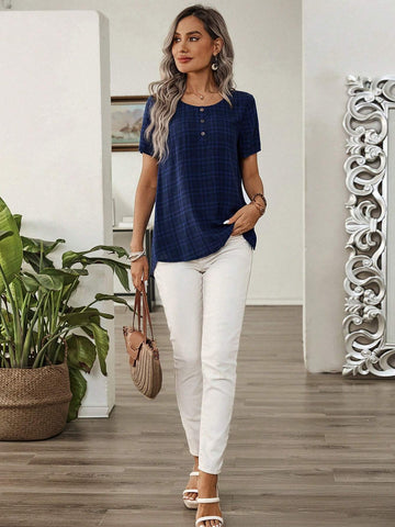 EMERY ROSE Women's Short Sleeve Shirt With Round Neckline And Button Details