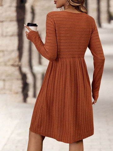 EMERY ROSE Women's Simple Casual Ribbed Long Sleeve Dress, Autumn