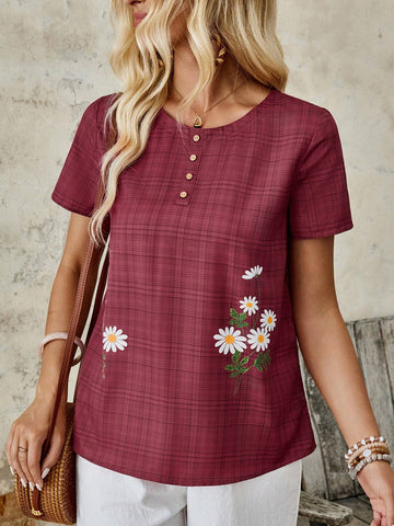 EMERY ROSE Women's Simple Flower Embroidery Short Sleeve Shirt