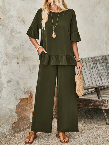 EMERY ROSE Women's Simple Solid Color Regular Wear Pleated Top & Pants Set