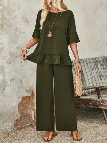 EMERY ROSE Women's Simple Solid Color Regular Wear Pleated Top & Pants Set