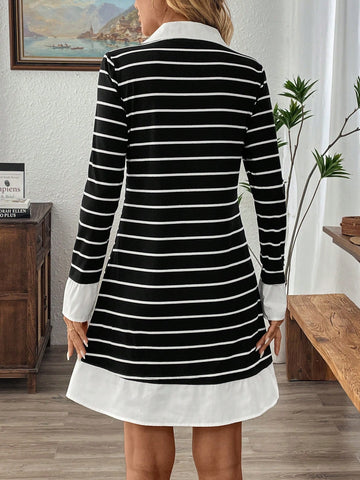 EMERY ROSE Women's Simple Striped Short Casual T-Shirt Dress, Long Sleeve, Daily Wear