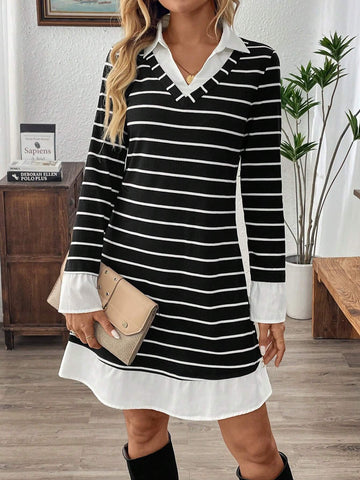 EMERY ROSE Women's Simple Striped Short Casual T-Shirt Dress, Long Sleeve, Daily Wear
