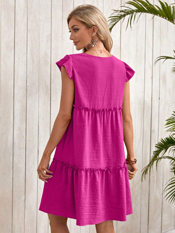 EMERY ROSE Women's Solid Color Crew Neck Ruffle Hem Casual Vacation Dress