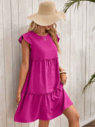 EMERY ROSE Women's Solid Color Crew Neck Ruffle Hem Casual Vacation Dress