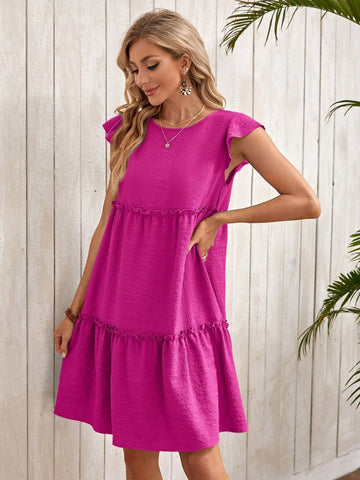 EMERY ROSE Women's Solid Color Crew Neck Ruffle Hem Casual Vacation Dress