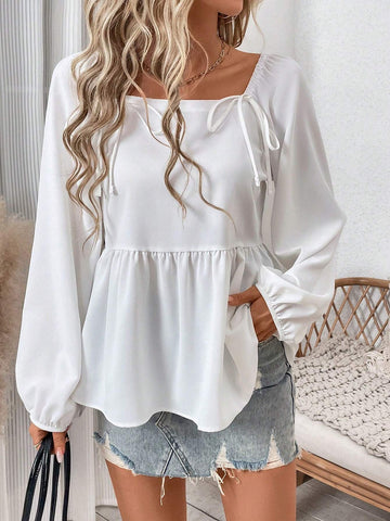 EMERY ROSE Women's Solid Color Elegant Pleated Ribbon Collar Long Sleeve Blouse, Spring/Autumn