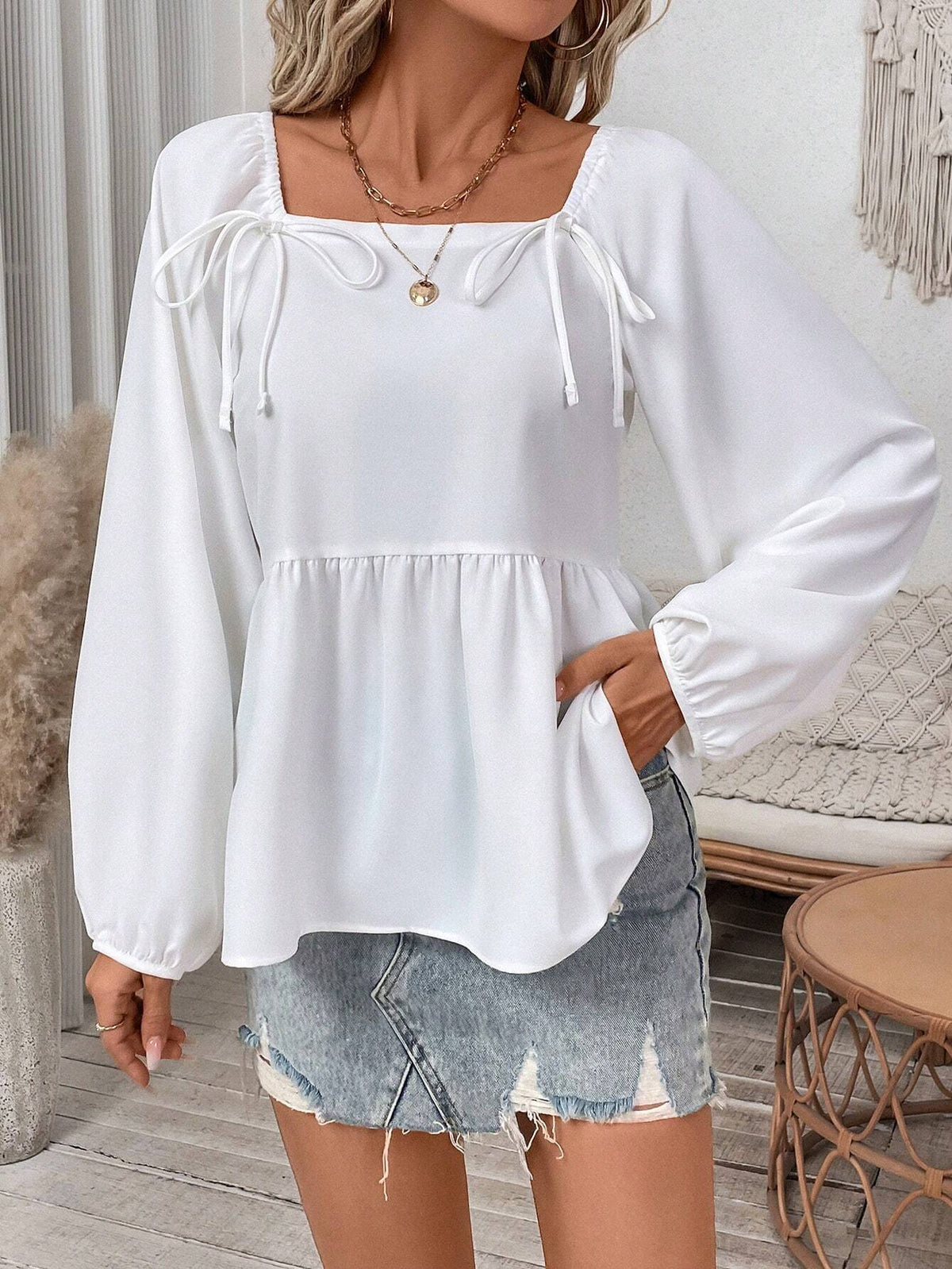 EMERY ROSE Women's Solid Color Elegant Pleated Ribbon Collar Long Sleeve Blouse, Spring/Autumn