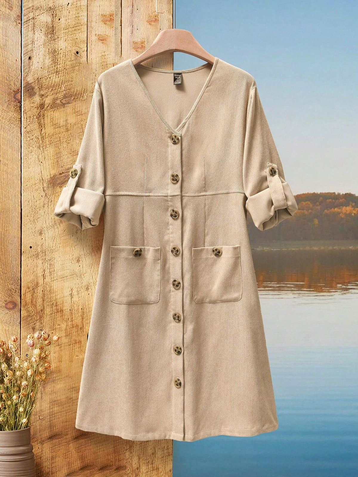 EMERY ROSE Women's Solid Color Front Button Pocket Casual Shift Dress