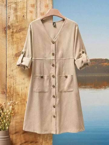 EMERY ROSE Women's Solid Color Front Button Pocket Casual Shift Dress