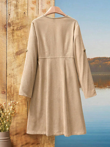 EMERY ROSE Women's Solid Color Front Button Pocket Casual Shift Dress