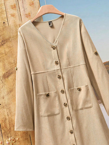 EMERY ROSE Women's Solid Color Front Button Pocket Casual Shift Dress
