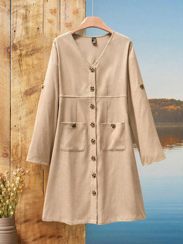 EMERY ROSE Women's Solid Color Front Button Pocket Casual Shift Dress