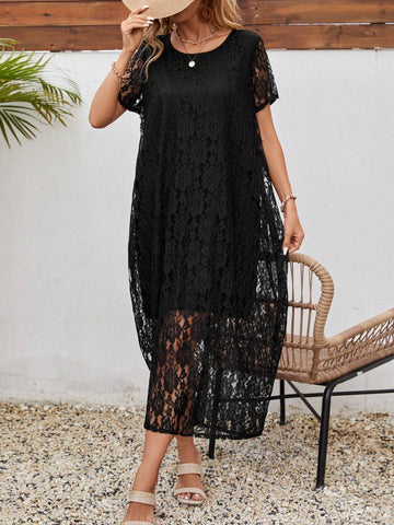 EMERY ROSE Women's Solid Color Lace Crochet Hollow Out Dress, Short Sleeve With Round Neck