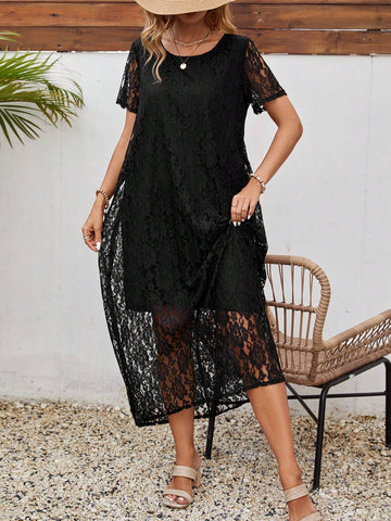 EMERY ROSE Women's Solid Color Lace Crochet Hollow Out Dress, Short Sleeve With Round Neck