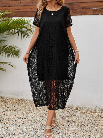 EMERY ROSE Women's Solid Color Lace Crochet Hollow Out Dress, Short Sleeve With Round Neck