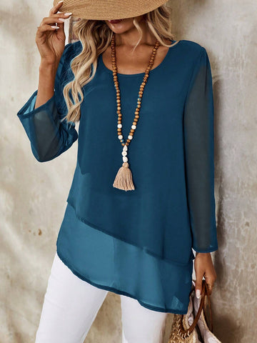 EMERY ROSE Women's Solid Color Mesh Long Sleeve Blouse, Autumn