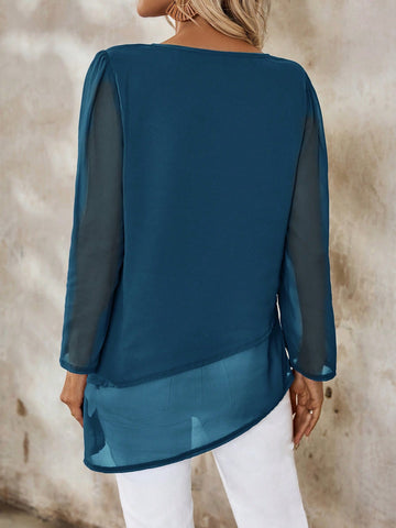 EMERY ROSE Women's Solid Color Mesh Long Sleeve Blouse, Autumn