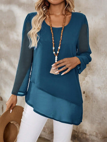 EMERY ROSE Women's Solid Color Mesh Long Sleeve Blouse, Autumn