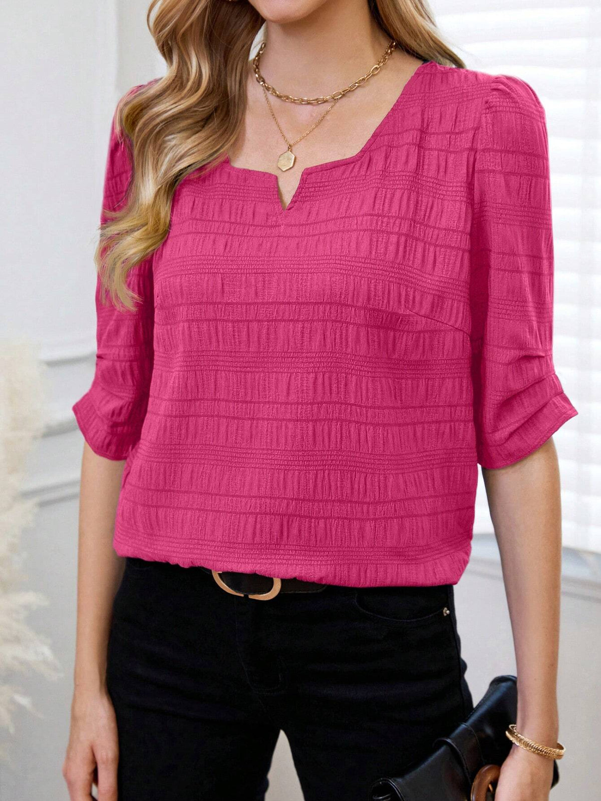 EMERY ROSE Women's Solid Color Midi Length Casual Blouse