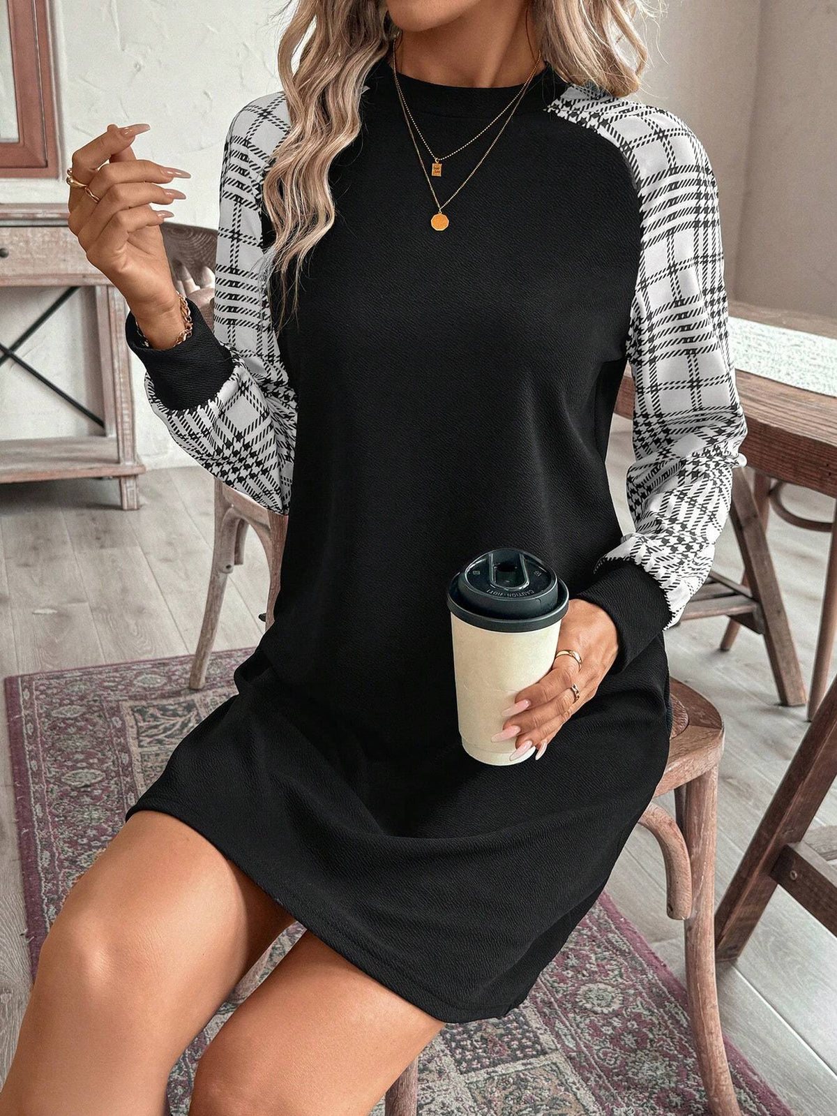 EMERY ROSE Women's Solid Color Patchwork Stand Collar Long Sleeve Short Casual Dress