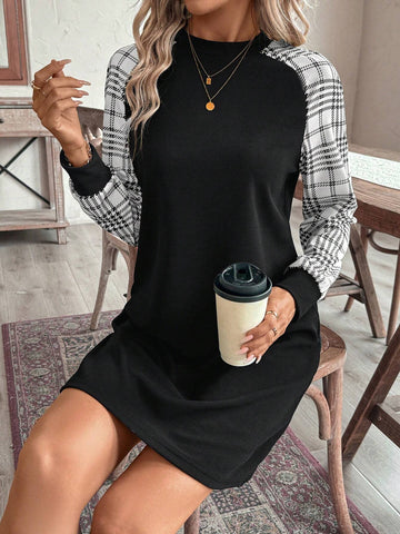 EMERY ROSE Women's Solid Color Patchwork Stand Collar Long Sleeve Short Casual Dress