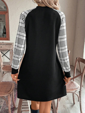 EMERY ROSE Women's Solid Color Patchwork Stand Collar Long Sleeve Short Casual Dress