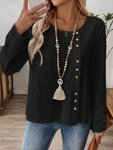 EMERY ROSE Women's Solid Color Round Neck Long Sleeve Button Design Casual Shirt, Autumn